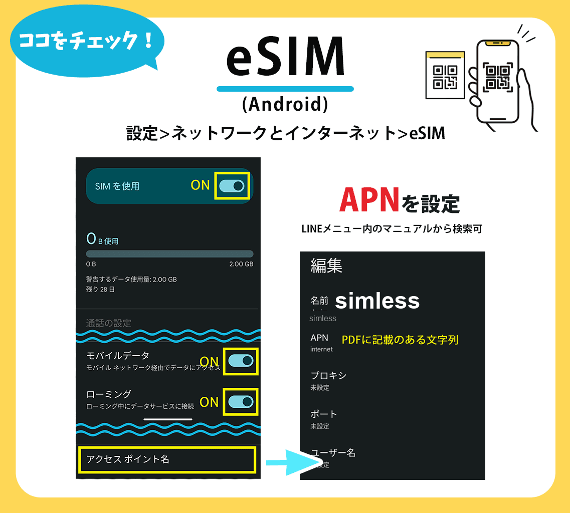 Android 到着後の設定チェック:SIM 使用 ON・モバイルデータ・ローミング ON・APN 設定