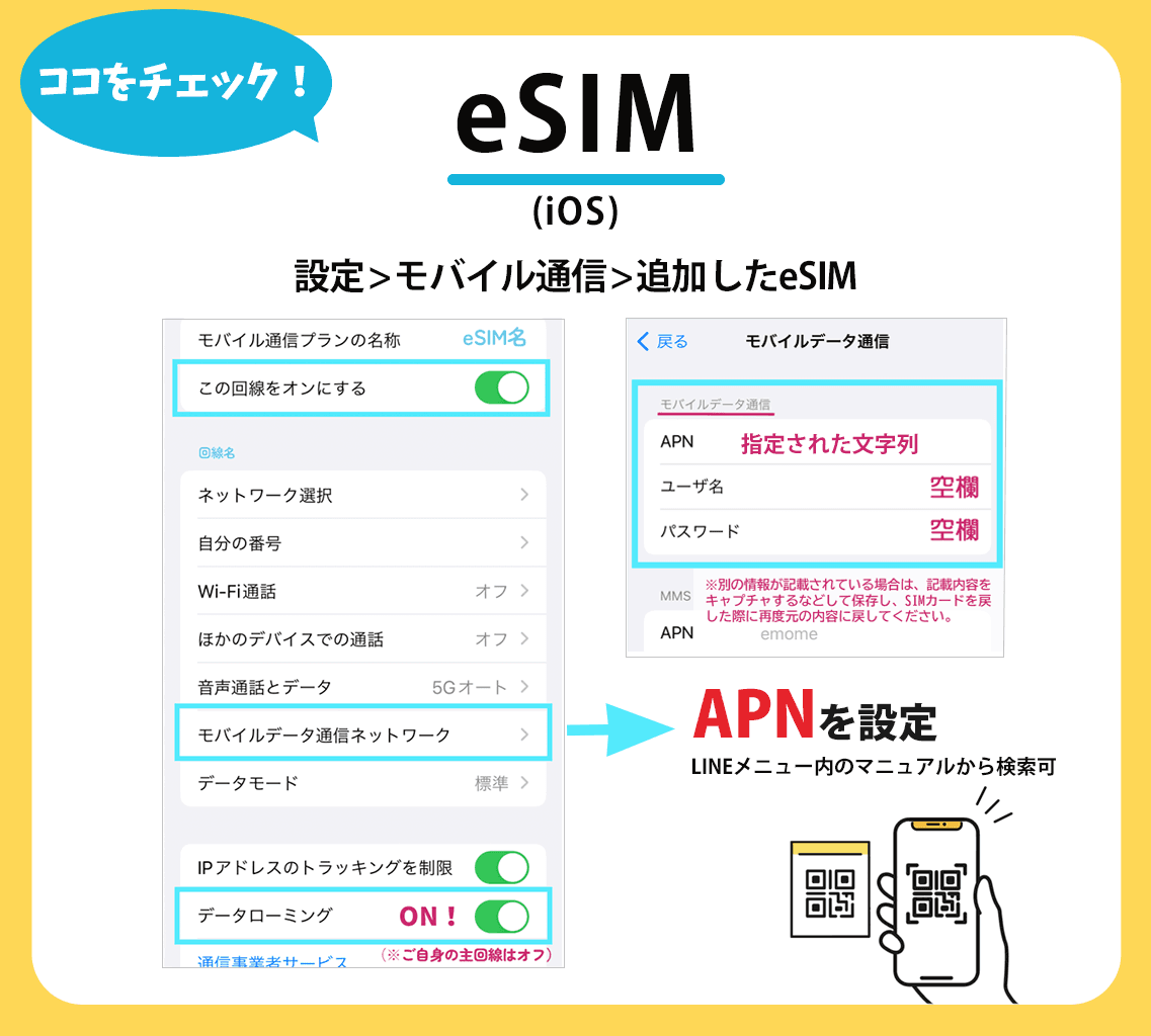 iPhone(iOS)到着後の設定チェック:回線オン・モバイルデータ・データローミング ON・APN 設定
