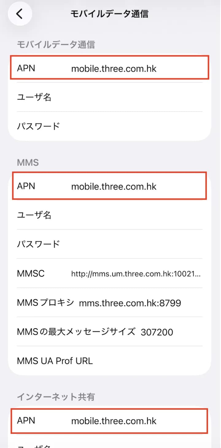 iPhone のモバイルデータ通信ネットワーク画面。APN 欄に eSIM ごとの文字列を入力する
