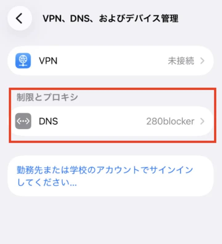 iPhone の 設定 → 一般 → VPN、DNS、およびデバイス管理 の画面