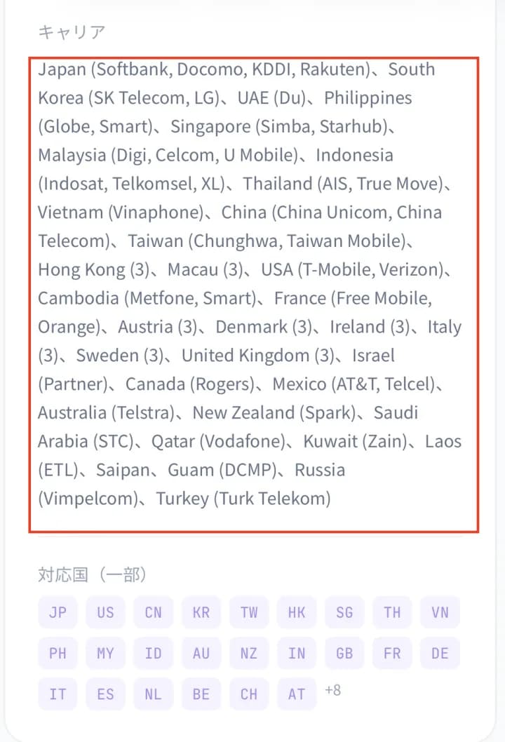 マイページのカード情報に表示される、国ごとの接続可能キャリア一覧